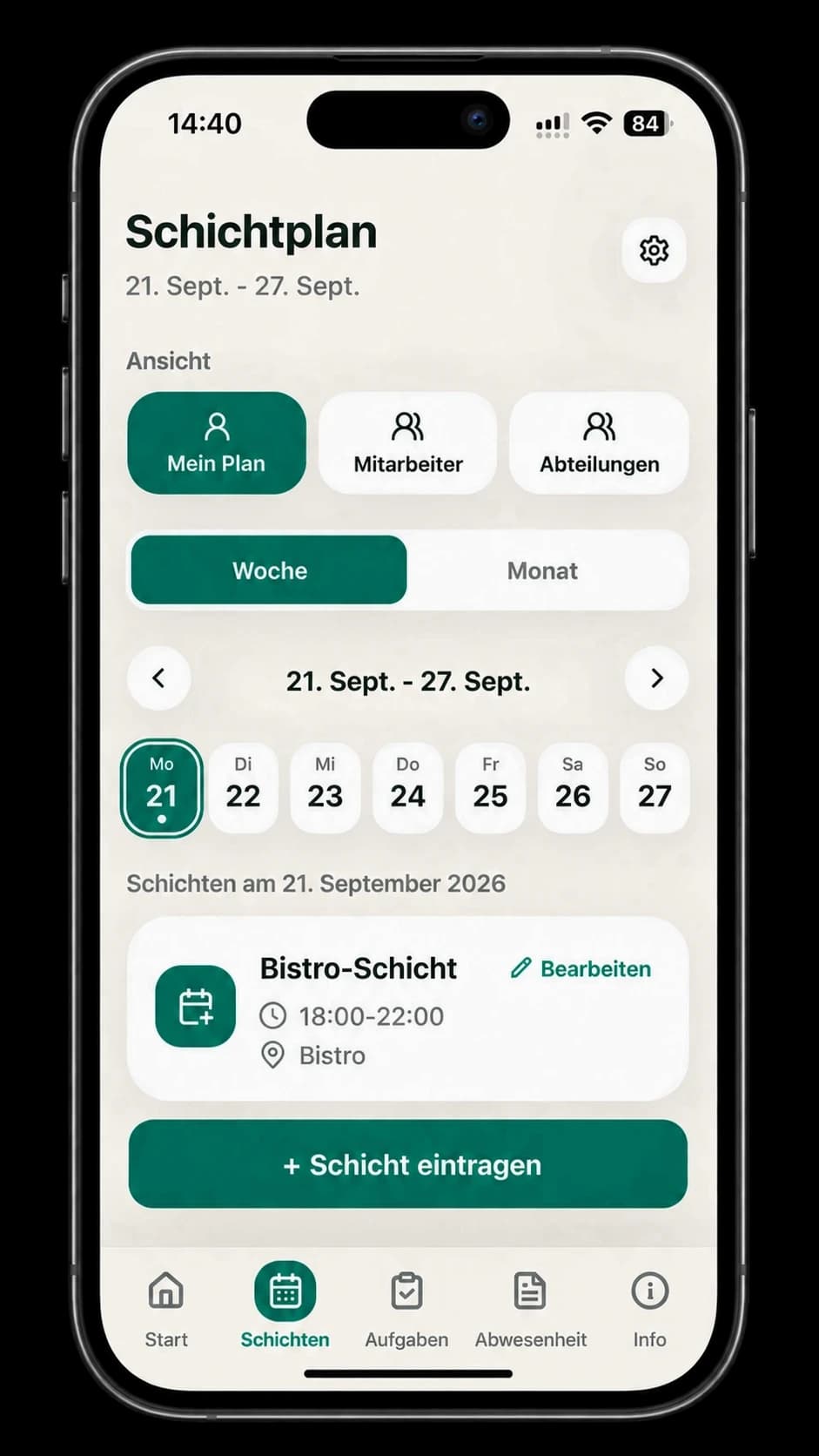 Schichtplan in der BetriebPlus-App mit Wochenansicht