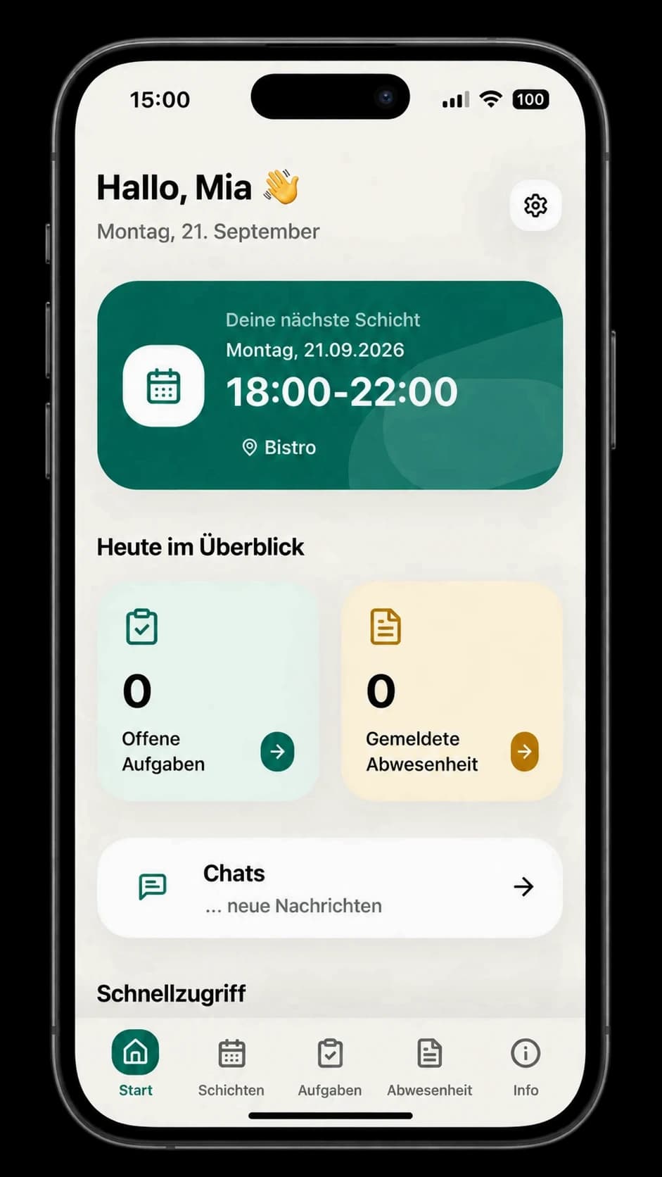 Startbildschirm der BetriebPlus-App mit nächster Schicht und Tagesüberblick